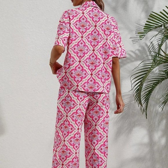 Multicolor Boho Womens  Allover Print Knot Front Shirt & Wide Leg Pants - Picture 2 of 5